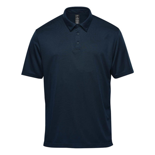 A navy blue men's short sleeve polo shirt with a collar and a logo on the chest.