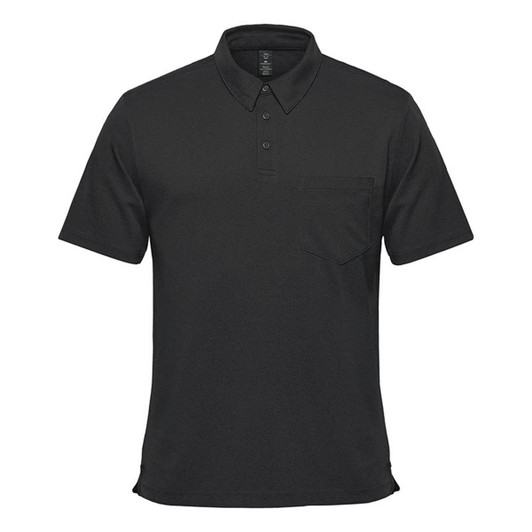 A black short sleeve polo shirt featuring a pocket and a logo on the chest. Suitable for casual wear.