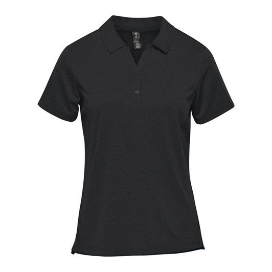 A black women's performance short sleeve polo with a classic collar and button placket, featuring a logo.