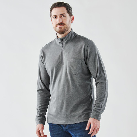 A grey men's pullover with a 1/4 zip and a chest pocket, featuring long sleeves and a logo.