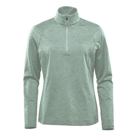 A green women's 1/4 zip pullover jumper with long sleeves and a collar. It features a logo on the front.