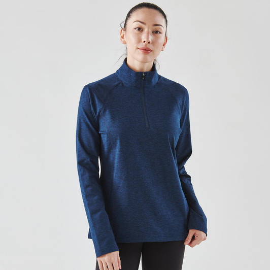 A navy blue 1/4 zip pullover jumper for women with a stand-up collar and long sleeves. It features branding.