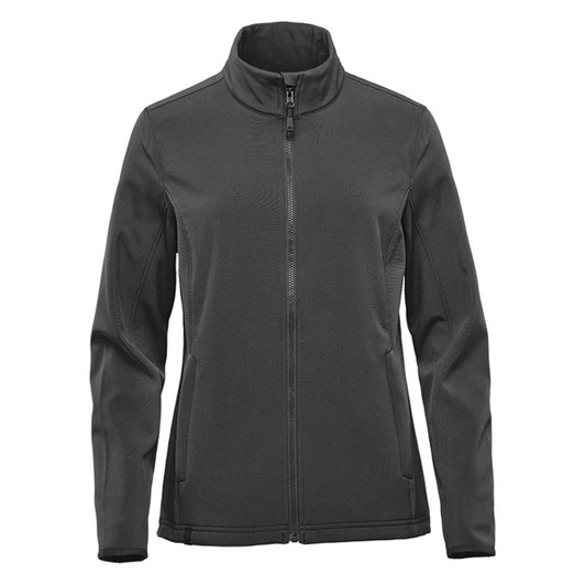 A dark green women's soft shell jacket with a full front zip and a high collar. It features a logo on the chest.