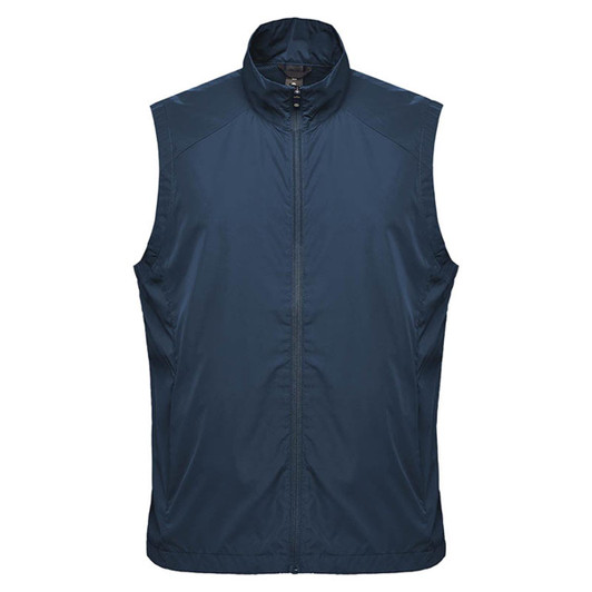 A navy blue men's vest with a zip front and a high collar, featuring a logo on the chest area.