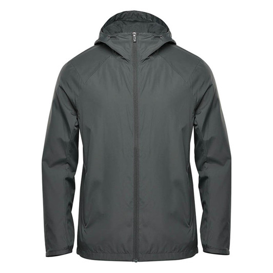 A men's wind jacket in dark green, featuring a hood and a front zip, with a logo on the chest.