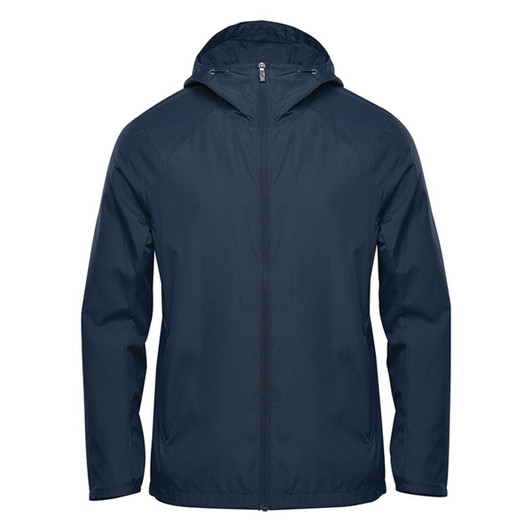 A navy wind jacket with a hood and a zipped front, featuring a logo on the chest area.