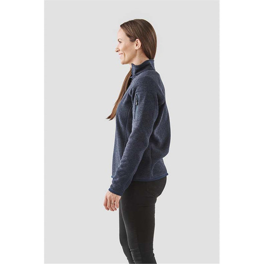 A navy women's Avalante 1/4 zip pullover, featuring a high collar and a side zip pocket.