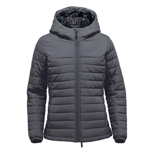 A grey women's quilted hooded jumper featuring a zip front and a logo.