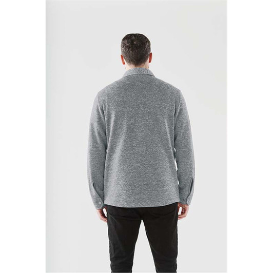 A grey unisex fleece shacket with a collar, featuring a simple design and buttons on the sleeves.