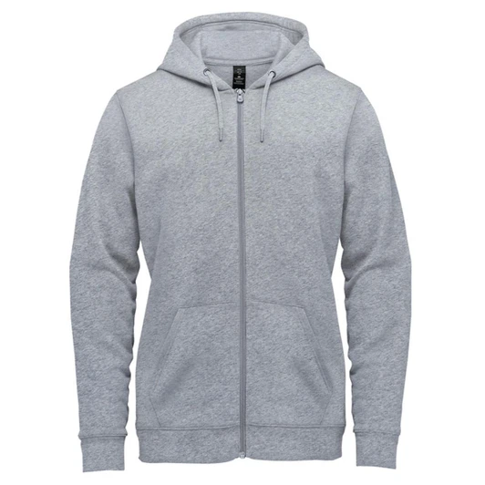 A grey fleece full zip hoody with a hood and pockets, featuring a logo on the chest area.