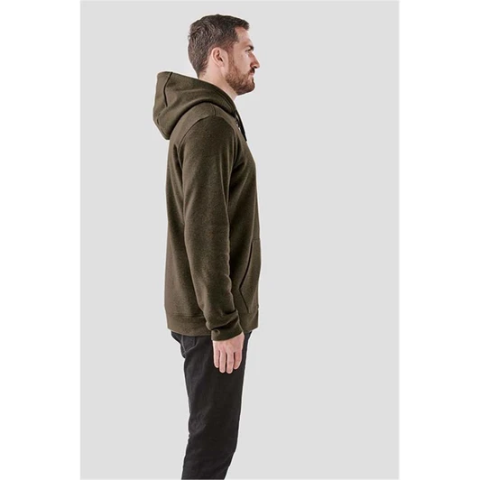 A side view of a man's olive green fleece full zip hoodie, featuring a hood and front pockets.