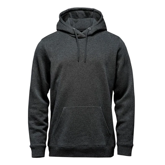 A grey fleece pullover hoody with a front pocket and adjustable drawstring hood. It has a branded logo.