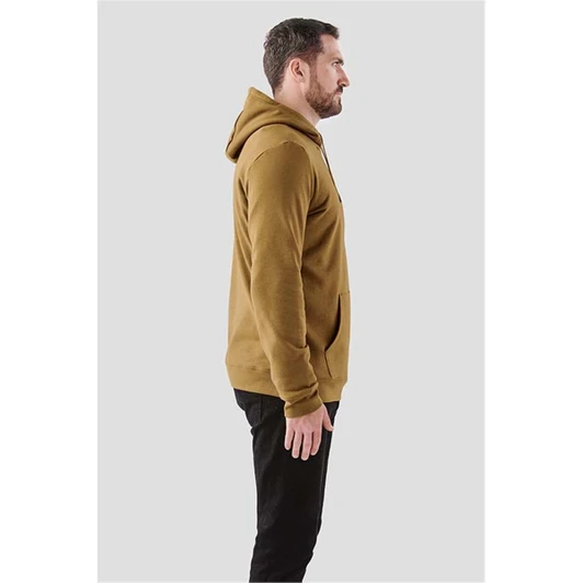 A men's fleece pullover hoody in a warm brown colour, featuring a hood and front pockets. It has a logo on the chest.