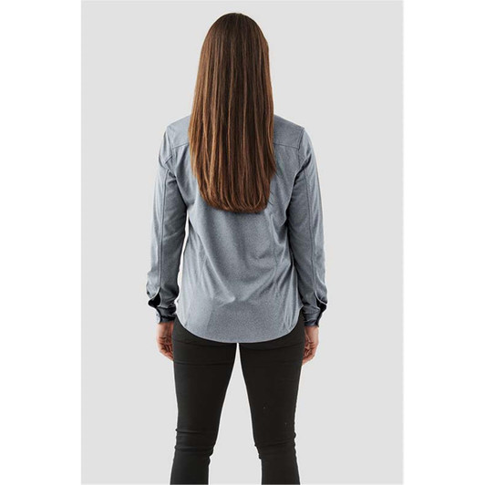 A grey women's button-up long sleeve shirt viewed from the back, featuring a simple design and a logo.