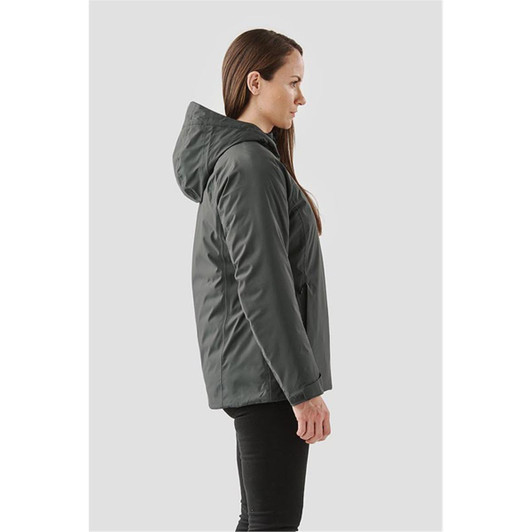 A women's thermal shell jacket in dark grey, featuring a hood and a fitted design, with a branding logo.