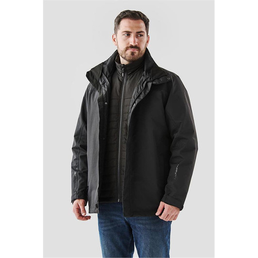 A black Men's Magellan System Jacket featured on a model, showcasing a stylish and functional design.