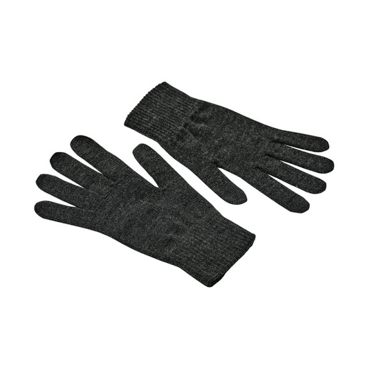 A pair of black and grey knit gloves displayed flat, featuring a ribbed cuff and a simple design.