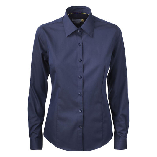 A women's button-up shirt in navy blue with a collar and long sleeves, featuring buttons down the front and a logo.