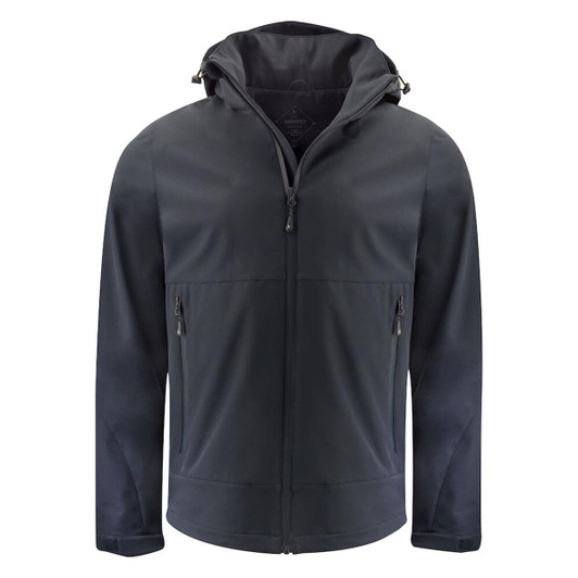 A dark navy softshell jacket with a hood, featuring zippered pockets and a logo on the front.
