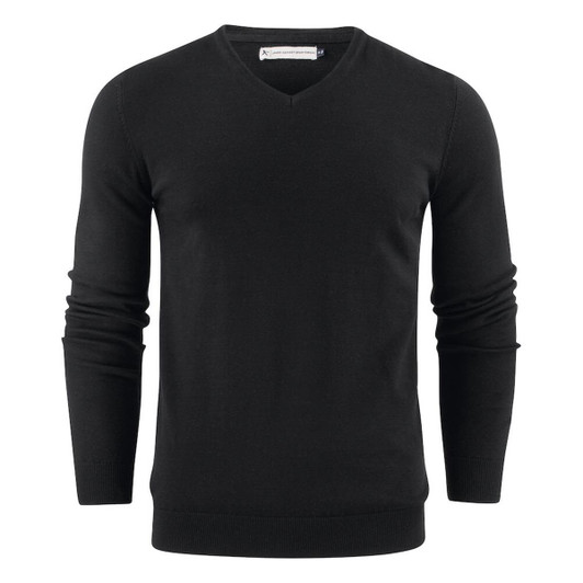 A black men's v-neck sweater with long sleeves, featuring a logo on the label.
