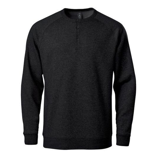 A black men's henley sweatshirt with a crew neck and button detail, featuring long raglan sleeves and a logo.