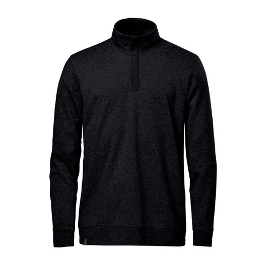A black men's quarter zip pullover with long sleeves and a high collar, featuring a logo.