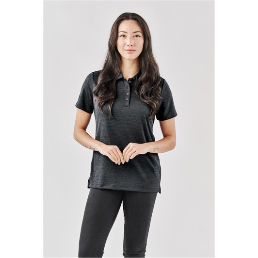 A black women's polo shirt with a collared neckline and half-button placket, featuring a logo.