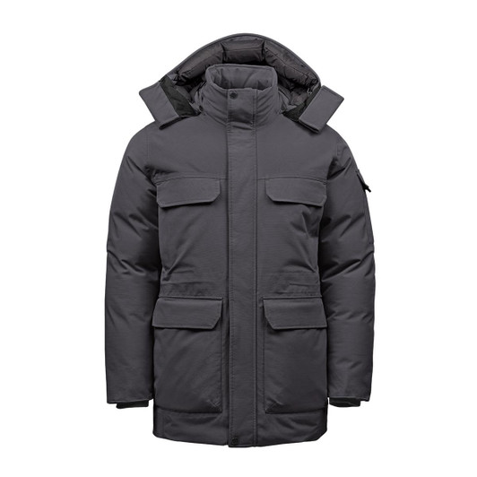 Men's Denali Parka in dark grey, featuring multiple pockets and a hood. The jacket has a logo on one sleeve.