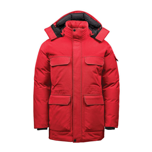 A red men's parka jacket with a hood, featuring multiple front pockets and a sleek design.
