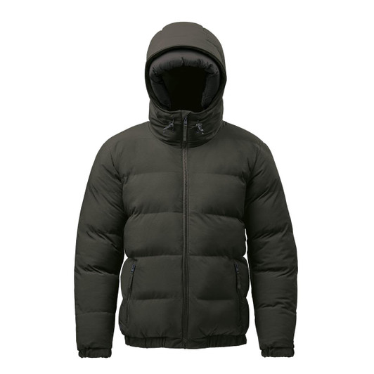 A green thermal jacket with a hood, featuring a zip closure and side pockets. It has a smooth, padded design.