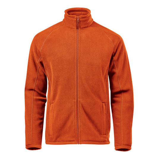 An orange polar fleece jacket with a high collar and zip front, featuring side pockets. It has a logo.