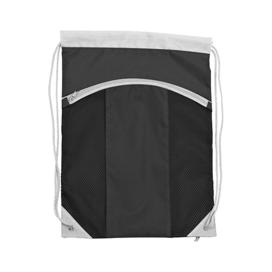 A black drawstring backpack with a grey top and mesh side pockets, featuring a logo.