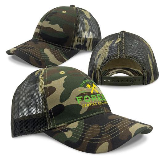 A camo trucker cap featuring a green logo, with a mesh back and a camouflaged pattern in shades of green and brown.
