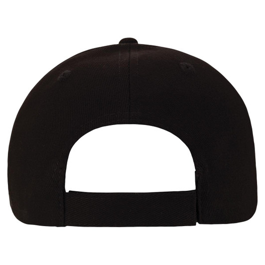 A black cap with an adjustable strap at the back and a logo on the side.