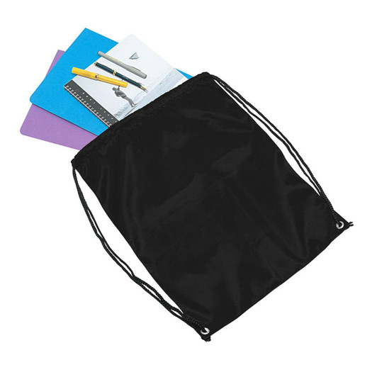 A black drawstring bag containing notebooks and writing instruments. The bag features a branded logo.