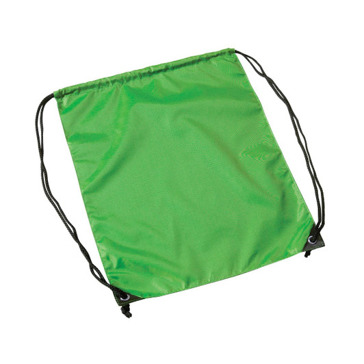A bright green drawstring bag with black cords, designed for easy carrying. It features a simple, utilitarian style.