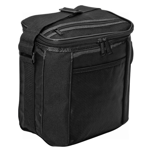 A black cooler bag with a zippered top, shoulder strap, and side pocket, featuring a logo.