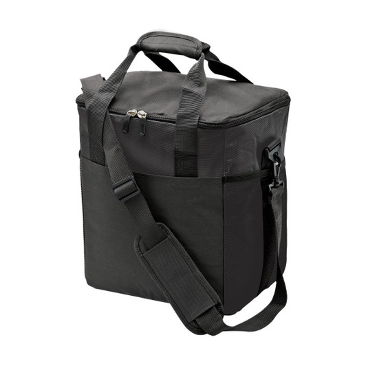 A black cooler bag with a zippered top, short handles, and a removable shoulder strap. It has an outer pocket and a logo.