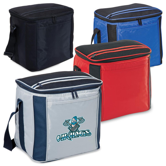A collection of large cooler bags in black, blue, red, and grey, each with a zippered closure and a shoulder strap.