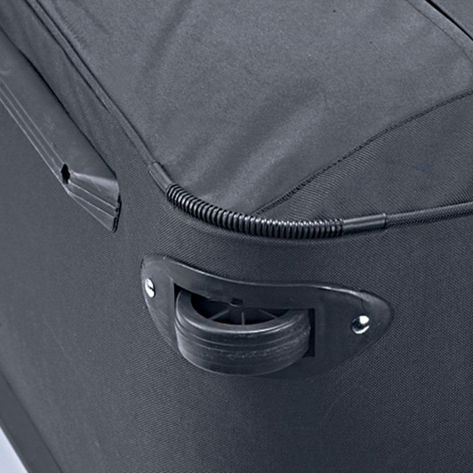 Black wheeled duffle bag featuring sturdy wheels and a zippered opening. Includes a logo on the side.