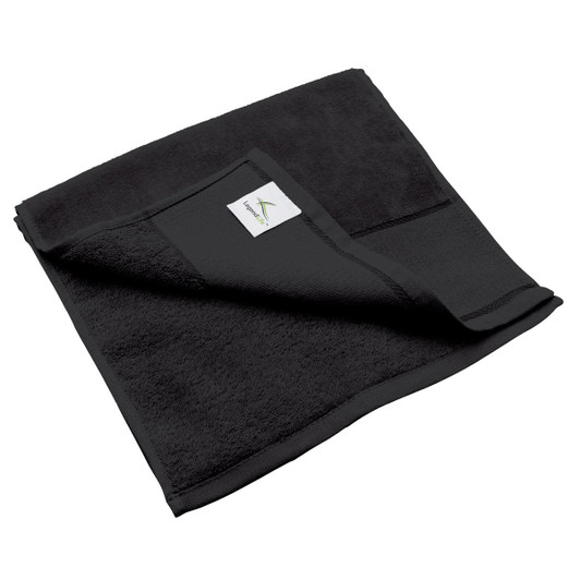 A black fitness towel, featuring a folded corner and a small branded label on its edge.
