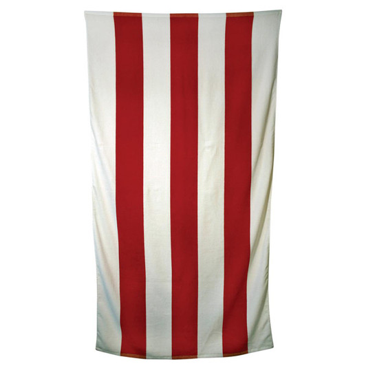 A striped towel featuring red and white horizontal stripes, with a simple design and a logo in one corner.