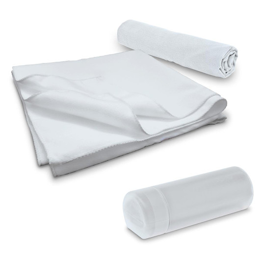 A white sports towel and a white container, featuring a logo, laid out separately.
