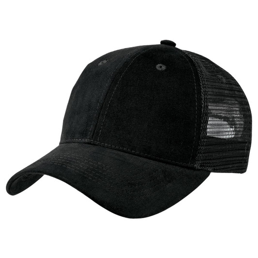 A black premium soft mesh cap with a solid front and mesh back, featuring a curved peak and a logo.