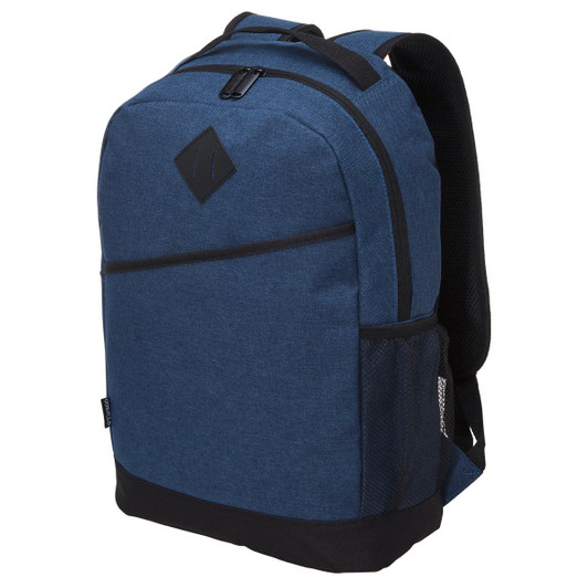 A blue backpack with black accents, featuring a logo and adjustable straps. Ideal for everyday use.