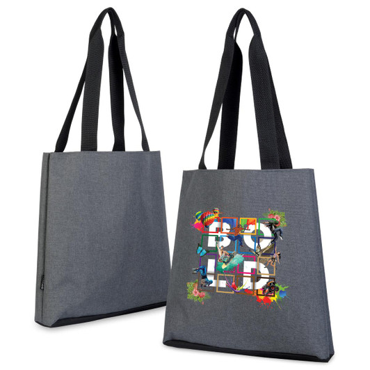 A grey tote bag featuring a vibrant design on one side and black straps. The bag has a logo.