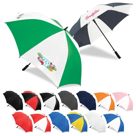 A collection of various umbrellas in multiple colours, including green, black, white, and orange, featuring logos.