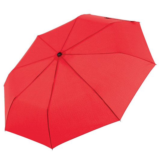 A compact red umbrella with a black button and eight panels, featuring a logo on the handle.