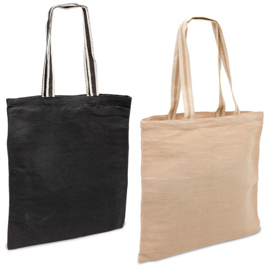 Two eco jute tote bags in black and natural beige, each with two sturdy handles and a logo on one side.