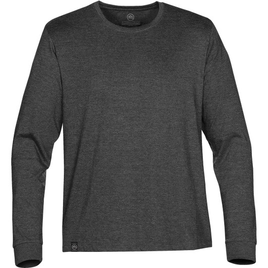 A long-sleeve grey T-shirt featuring a round neck and a brand logo at the hem.
